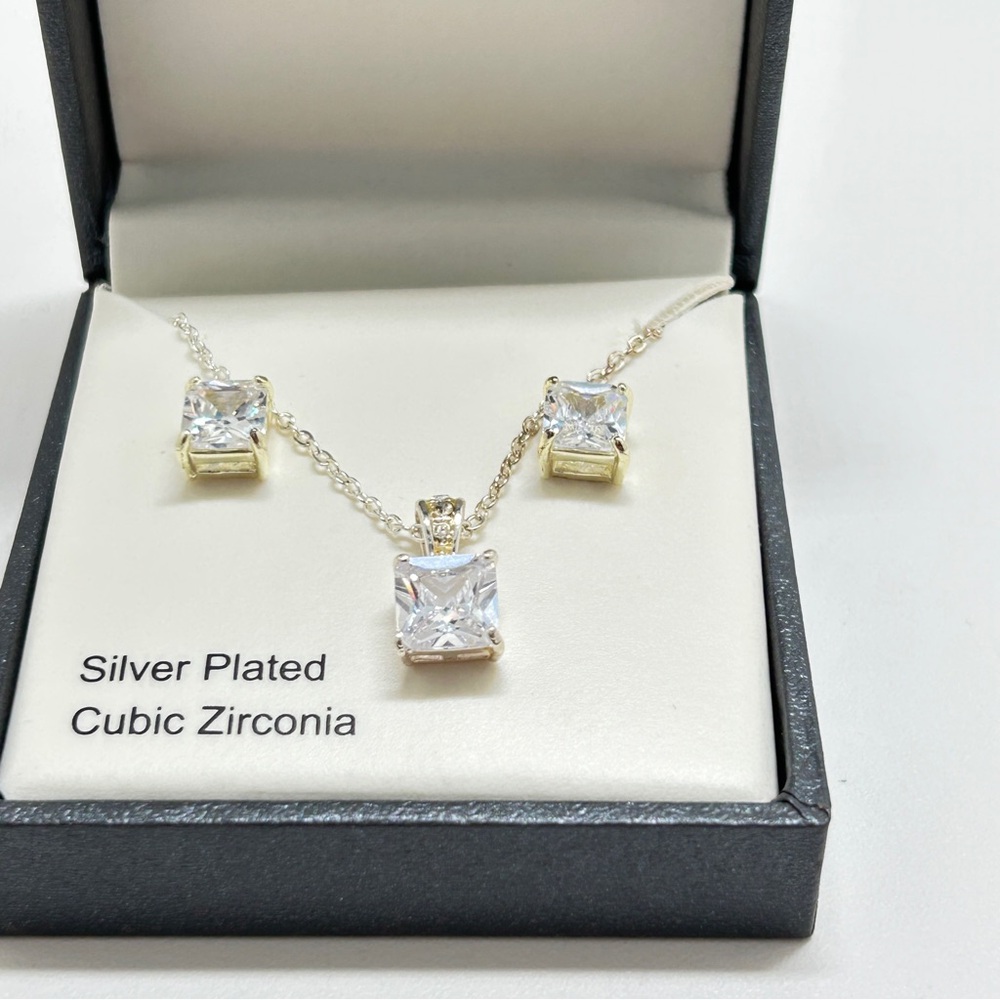CBC, Silver Plate And Square Cut CZ Necklace And Stud Earring Set, NIB